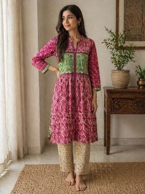 Pink & Green Printed Midi Dress with Contrast Yoke and slim fit pants